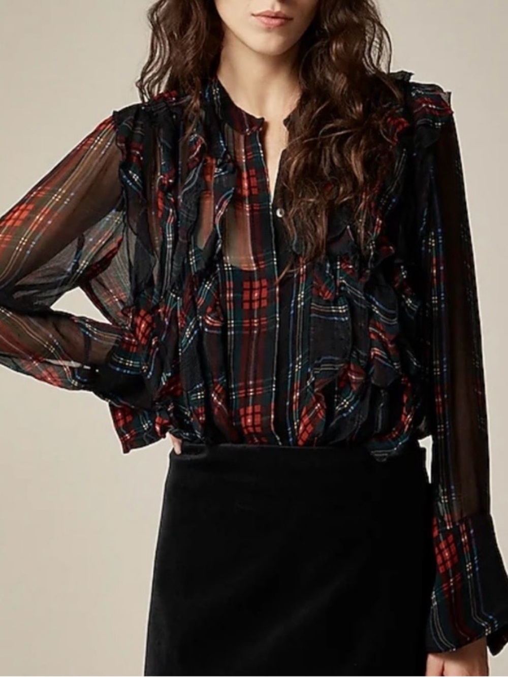 🔆J. Crew Ruffle-front top in tartan crinkle cupro size 4